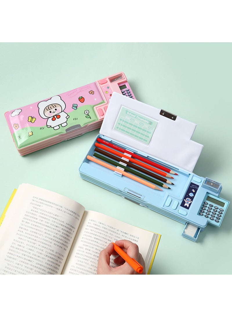 Creative Multi-functional Plastic Stationery Box for Primary School Students Double-sided Magnetic Pencil Calculator Sharpener (Pink, Dream Girl) - Image 2